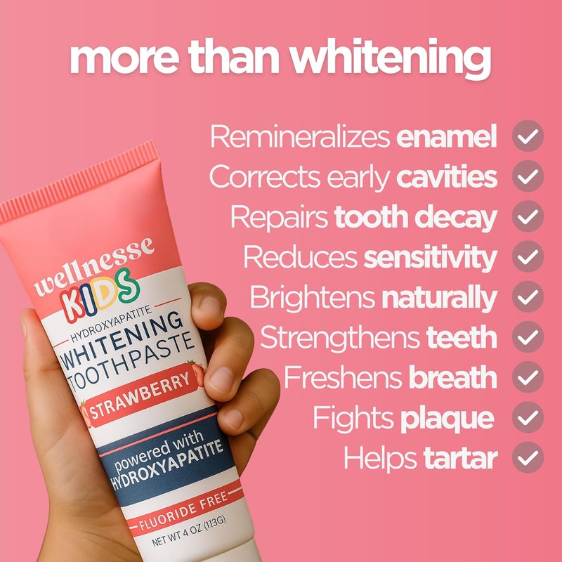Wellnesse Kids Hydroxyapatite Toothpaste with Xylitol - Fluoride Free Toddler & Kid's Natural Toothpaste, Freshens Breath, Sensory-Friendly Oral Care, Vegan, Strawberry Flavor, 4 oz (Pack of 1) - Image 3